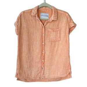 Lola River Womens Small Peach Orange Gauze Cotton Short Sleeve Button Down